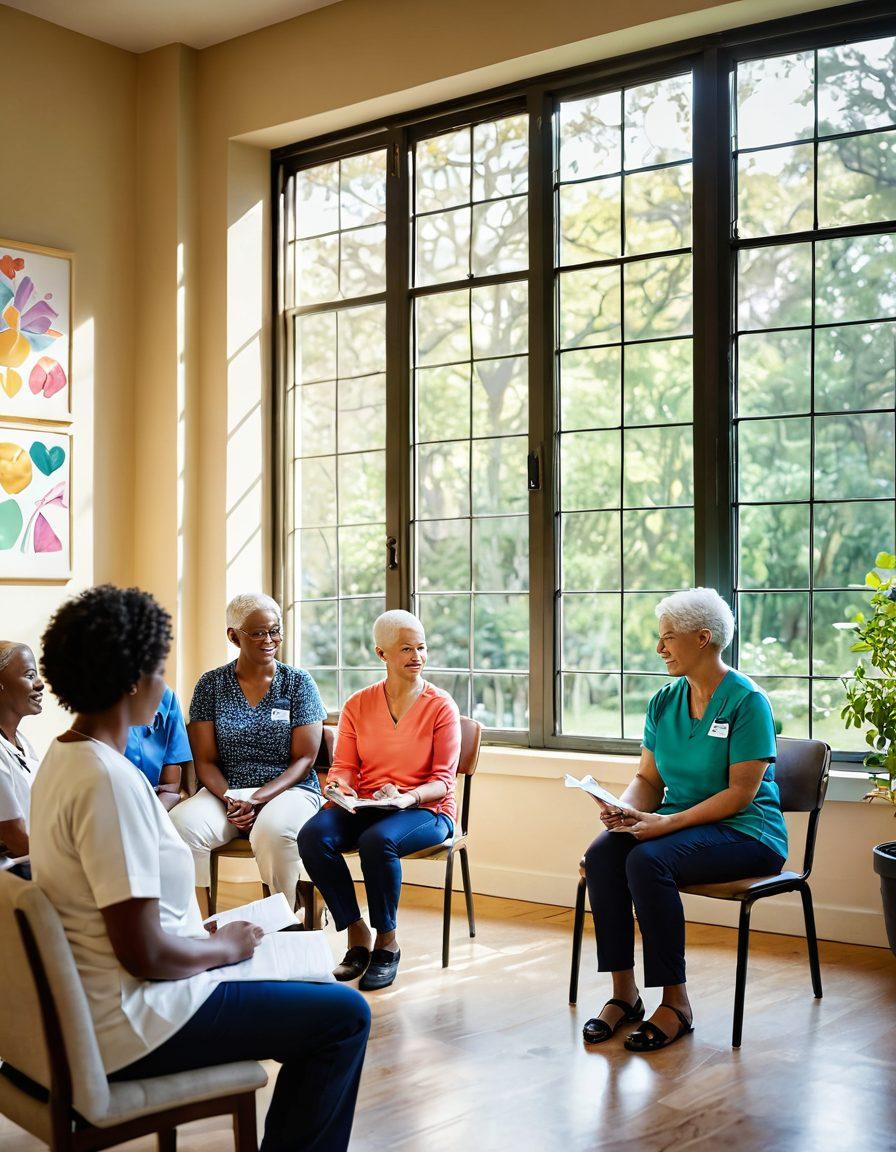 A compassionate caregiver sitting with a diverse group of cancer patients in a sunlit room, featuring a large window that looks out to a serene garden. Each patient is holding a symbol of hope, such as ribbons or wellness journals, while the caregiver points towards a colorful infographic illustrating treatment options. The atmosphere is warm and encouraging, representing empowerment and community support. soft-focus. vibrant colors. warm lighting.
