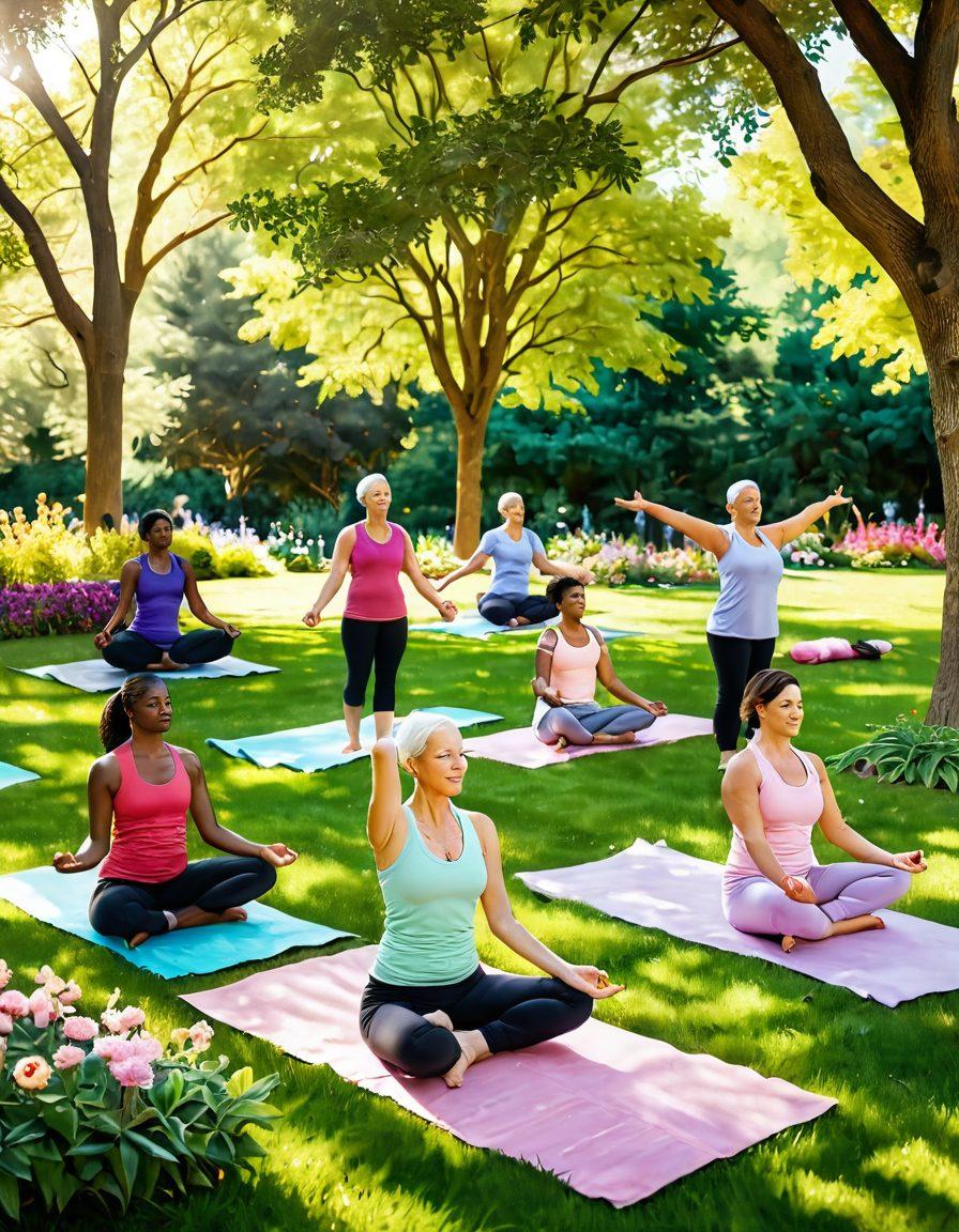 A serene and uplifting scene depicting a diverse group of cancer survivors engaging in various wellness activities like yoga, meditation, and gardening in a sunlit park. Incorporate elements of nature such as blooming flowers and green trees to symbolize growth and resilience. Include a warm color palette to evoke feelings of hope and strength among the participants. super-realistic. vibrant colors. peaceful atmosphere.