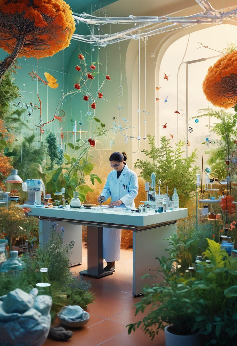 A dynamic collage depicting a futuristic lab with scientists conducting clinical trials, surrounded by natural elements like herbs and acupuncture tools symbolizing holistic health. Brightly lit with a blend of traditional medical symbols and modern technology, showcasing a seamless integration of both worlds. The image conveys a sense of hope and innovation in patient care. vibrant colors. 3D.